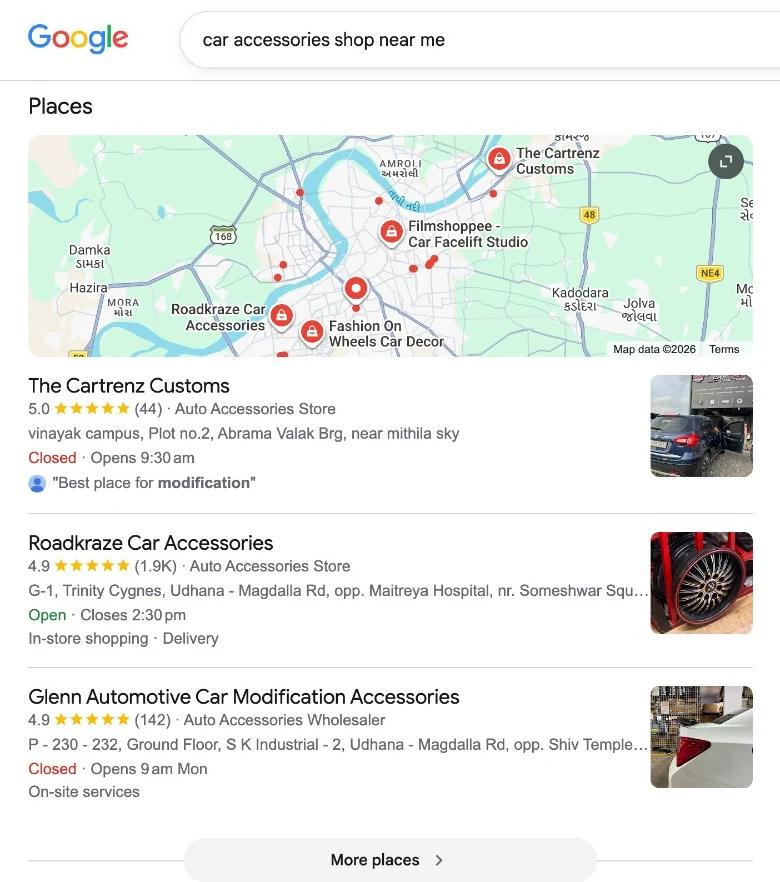 Google search for car accessories shop near me showing The Cartrenz Customs first in the Places results