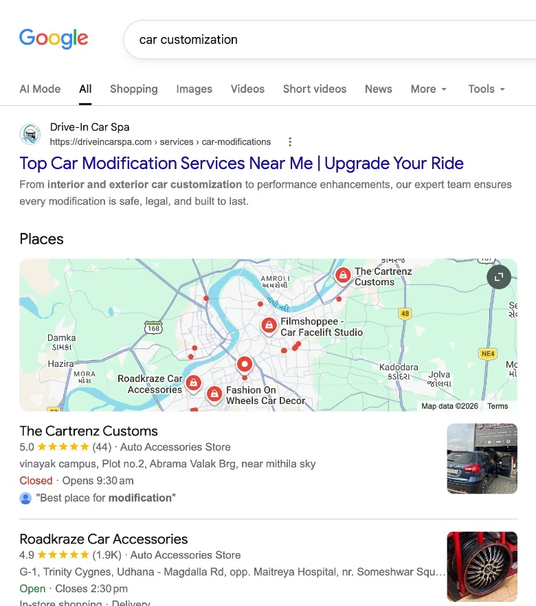 Google search for car customization showing The Cartrenz Customs first in the Places results