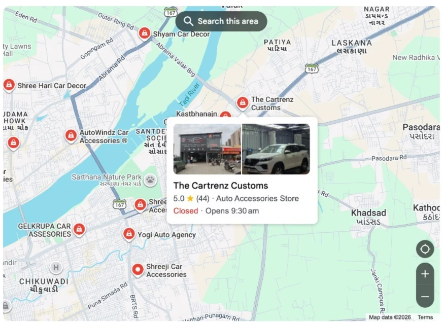 Google Maps view of car accessories shops in Surat with The Cartrenz Customs selected