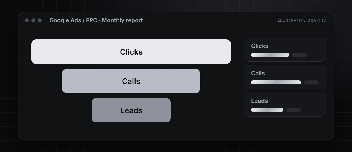 Illustrative Google Ads / PPC reporting dashboard with Clicks, Calls, Leads