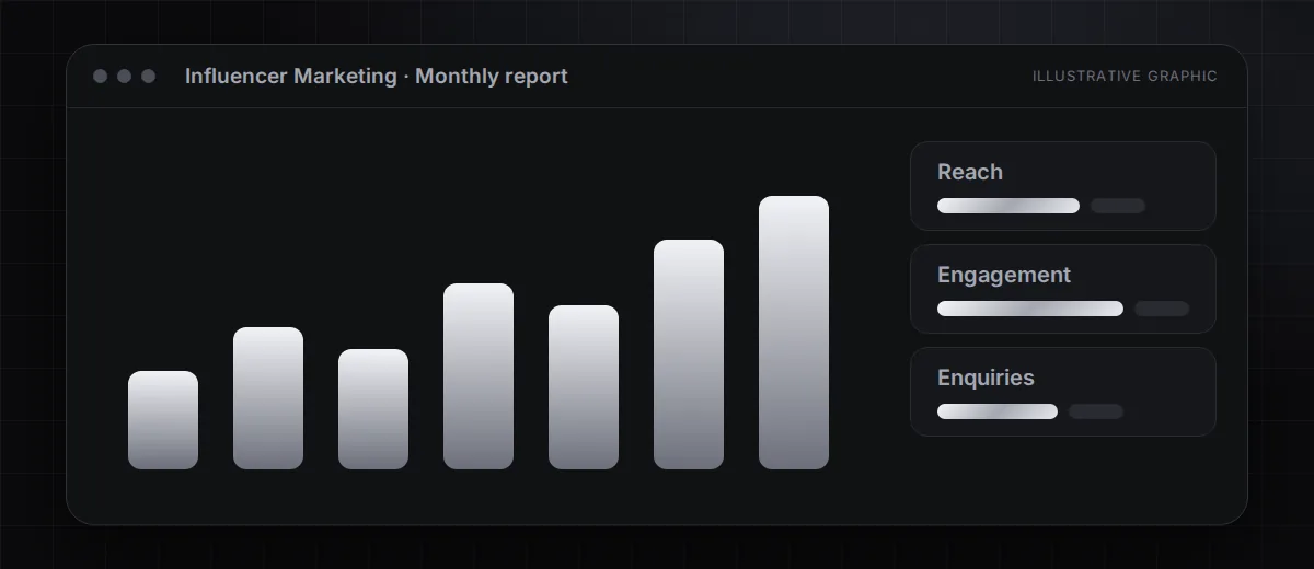 Illustrative Influencer Marketing reporting dashboard with Reach, Engagement, Enquiries