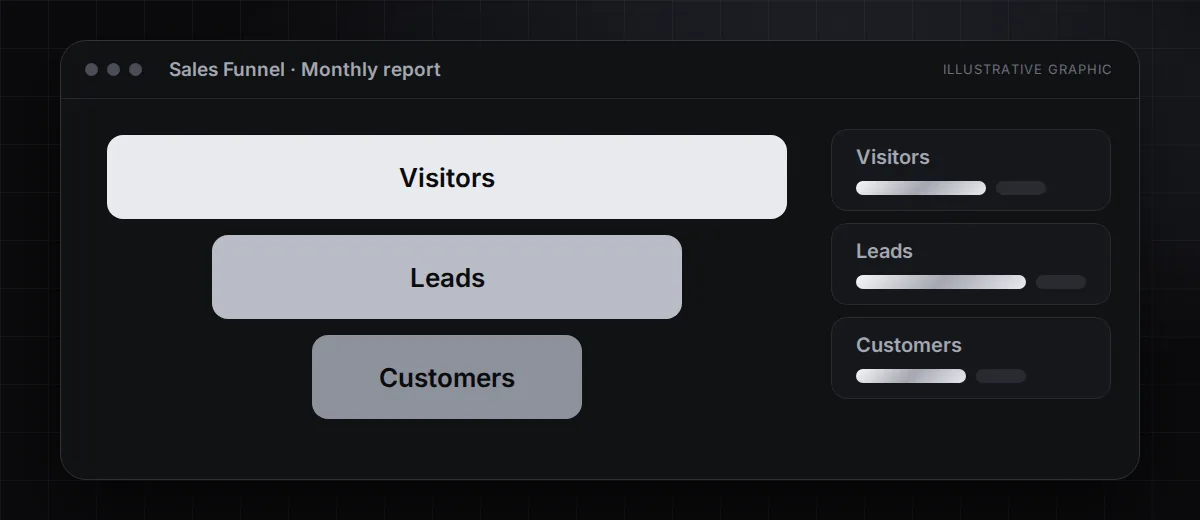 Illustrative Sales Funnel reporting dashboard with Visitors, Leads, Customers
